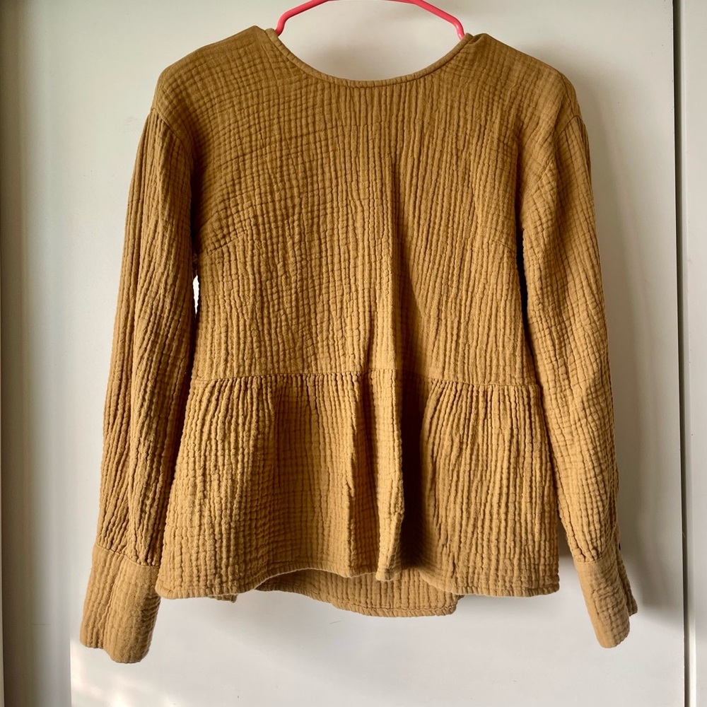 Madewell Mustard Gauze Peplum Blouse Button Back Long Sleeve Size XXS Fits XS/S